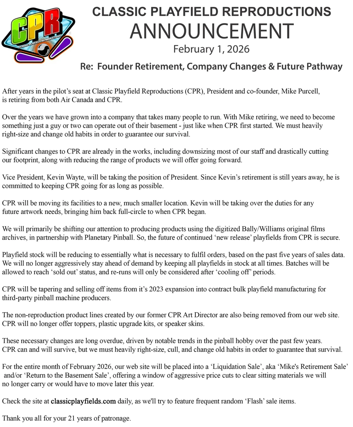 Classic Playfield Reproductions Undergoes Restructuring and Downsizing Amidst Founder’s Retirement and Market Shifts